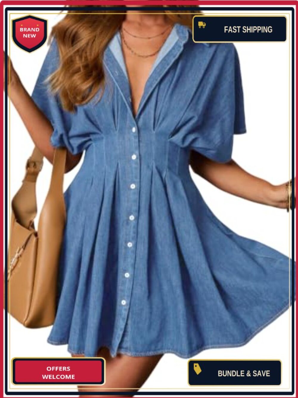 Women's Ruffle Denim Mini Dress Casual Button Down Boho A-Line